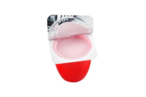 Image of yoghurt pot opened with pink yoghurt inside