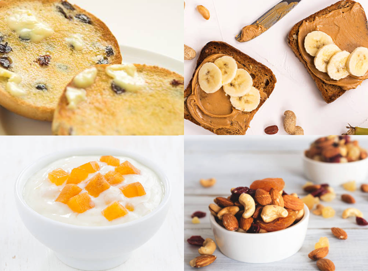 Image of toasted teacake, peanut butter and banana on toast, peaches and yoghurt and mixed fruit and nuts