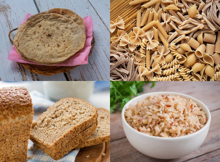 Image of wholegrain chapati, pasta, bread and rice