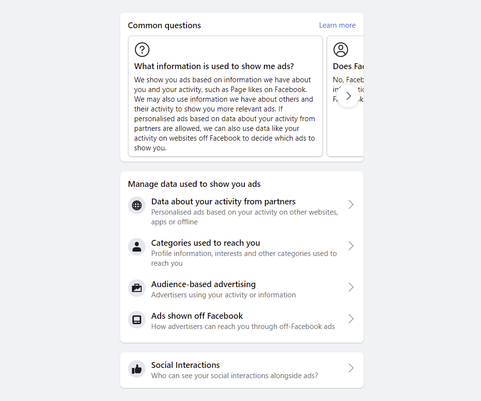 Screenshot of Facebook ads settings page