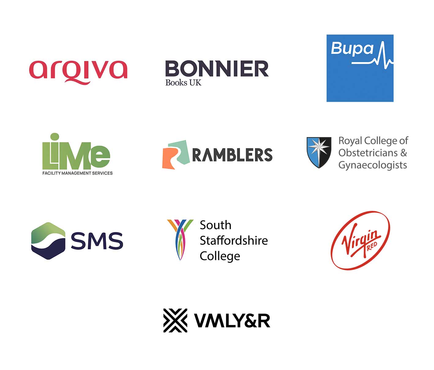 Company logos of the members of the Pregnancy and Parenting at Work programme, in alphabetical order (Arqiva; Bonnier; Bupa; Lime; Ramblers; RCOG; SMS; South Staffordshire College; Virgin; VMLY&R)
