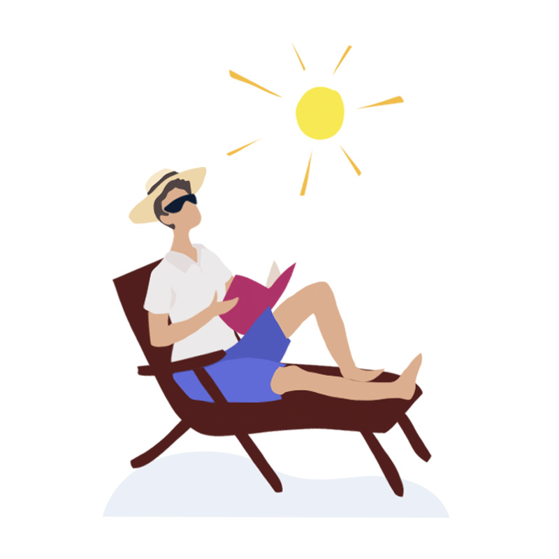 An illustrated figure with a book lies on a lounger with a sun shining down on them