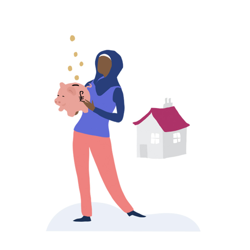 An illustrated figure holding a piggy bank with coins raining into it. Behind her is a little house.
