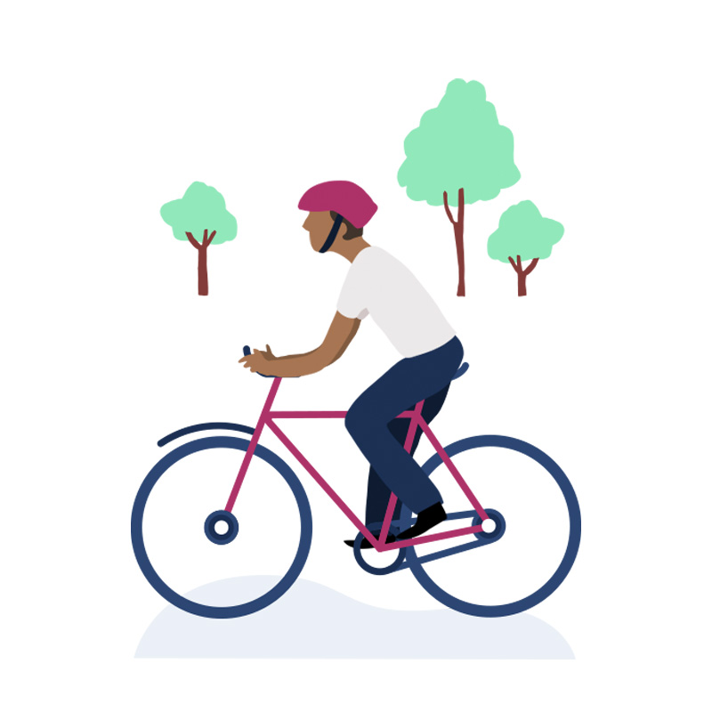 An illustrated figure riding a bicycle with trees in the background.