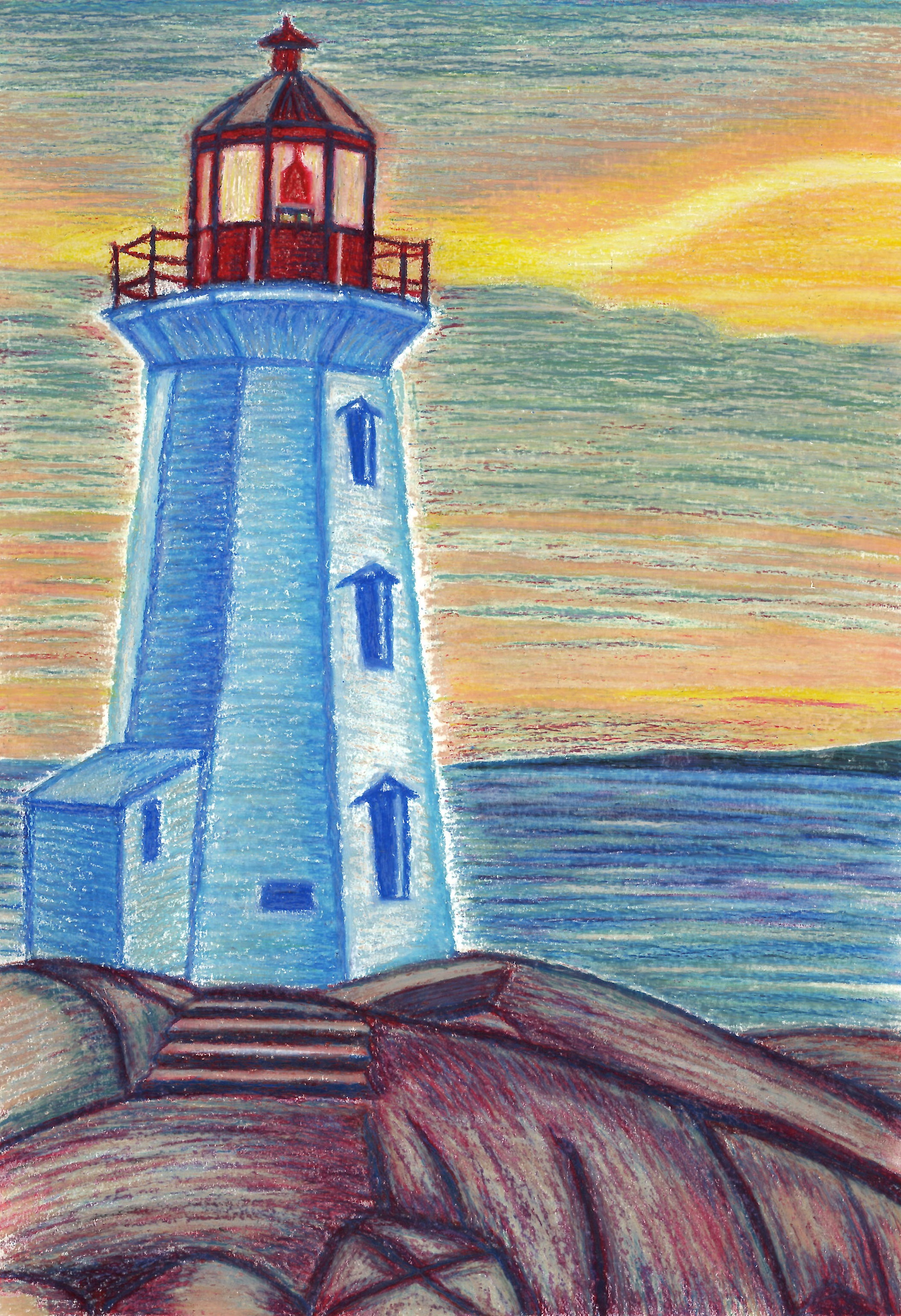 A drawing of a lighthouse at sunset