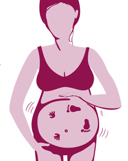 A silhouette of a pregnant woman with baby feet and hand prints on her bump 