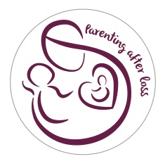 Abstract logo of a mum holding a baby with another baby visible in her heart. The words 'parenting after loss' can also be seen